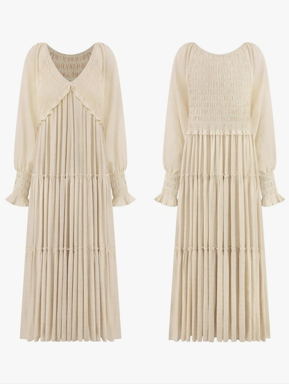 Ivory Cream Smocked Long-Sleeve Tiered Maxi Dress Womens XL Boho Loose Flowy